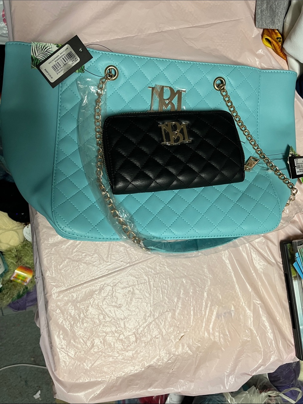 MBT Quilted Tote in Aqua with Black Quilted Pouch and Gold Chain